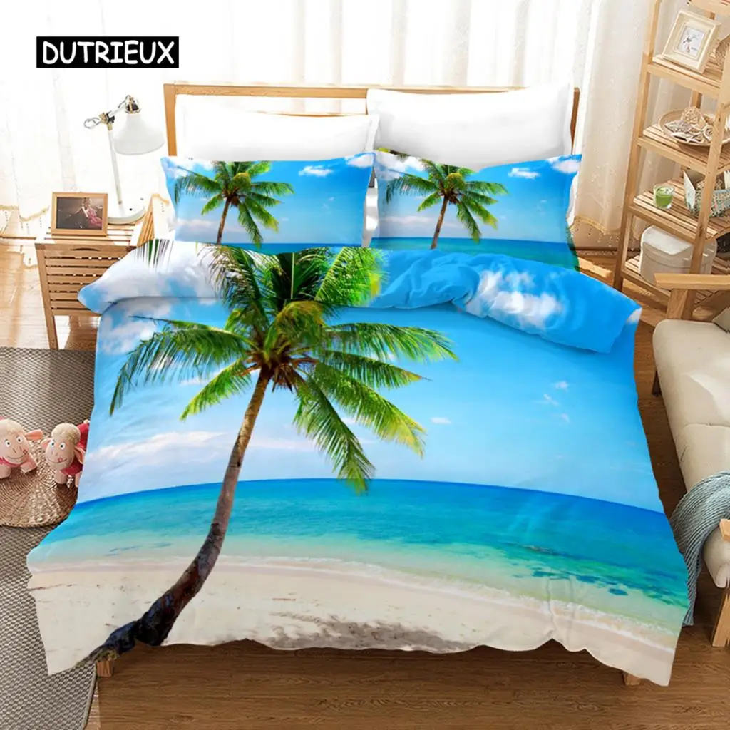 

Beach Duvet Cover Set Polyester Tropical Island with The Palm Tree and Sea Beach Nature Theme Double Queen King Size Quilt Cover