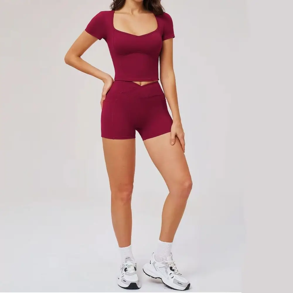 

Спортивный комплект из 2 предметов, костюм для йоги, женская футболка для спортзала, спортивная одежда, леггинсы для фитнеса, спортивные шорты для велоспорта с короткими рукавами, женский укороченный топ