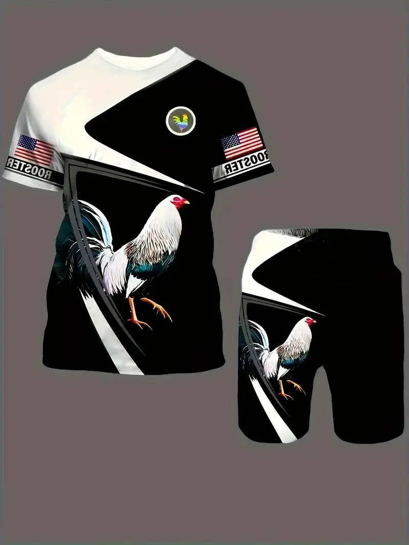 

2-Piece Men's Rooster 3d Digital Printing Men's Short-Sleeved T-Shirt And Shorts Suit Summer Outdoor Street Style Men's Clothing