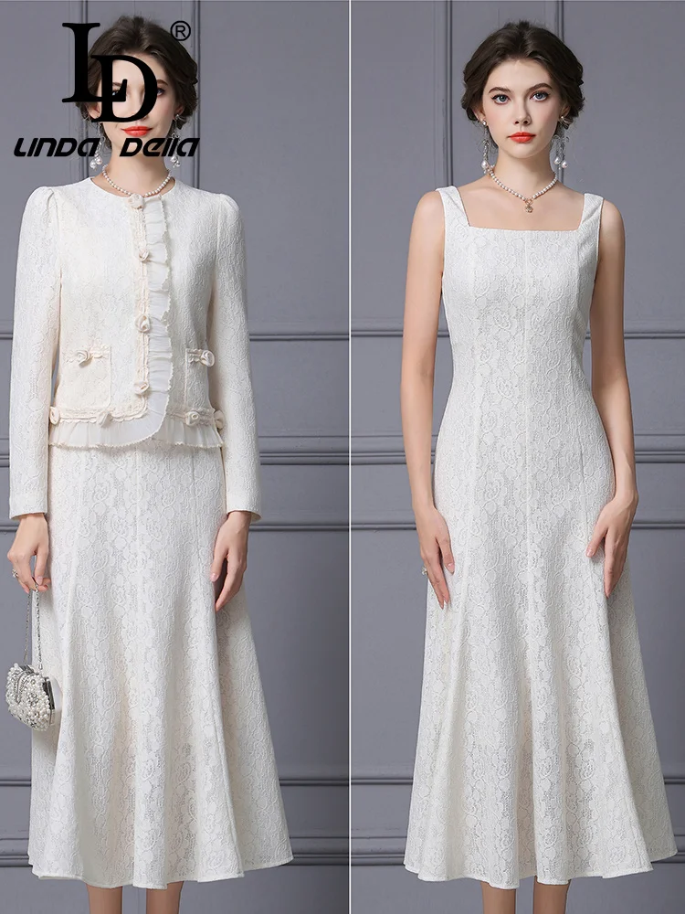 

LD LINDA DELL Черная кружевная куртка без рукавов с квадратным вырезом для пригородных вечеринок и длинными рукавами, облегающий модный комплект из двух предметов с высокой талией