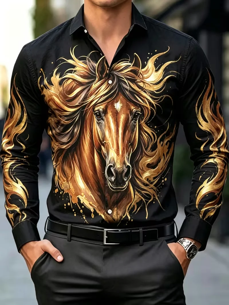 New Black And White Contrasting Gradient Graffiti Letter Printed Shirt  Artistic men's Slim Fit Long Sleeved Shirt