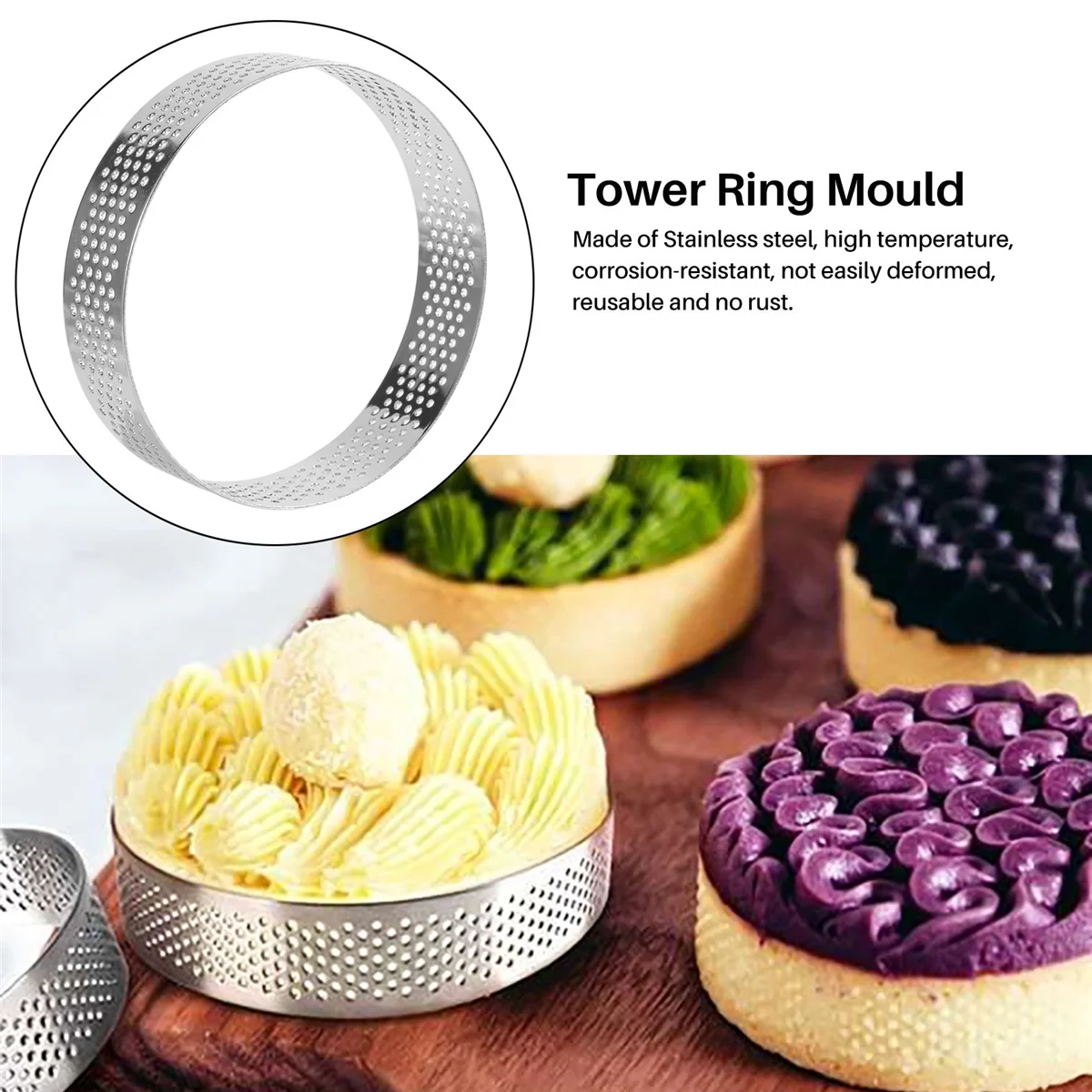 10 piezas circular de acero inoxidable tarta anillo torre pastel molde perforado pastel mousse anillo, 8 cm