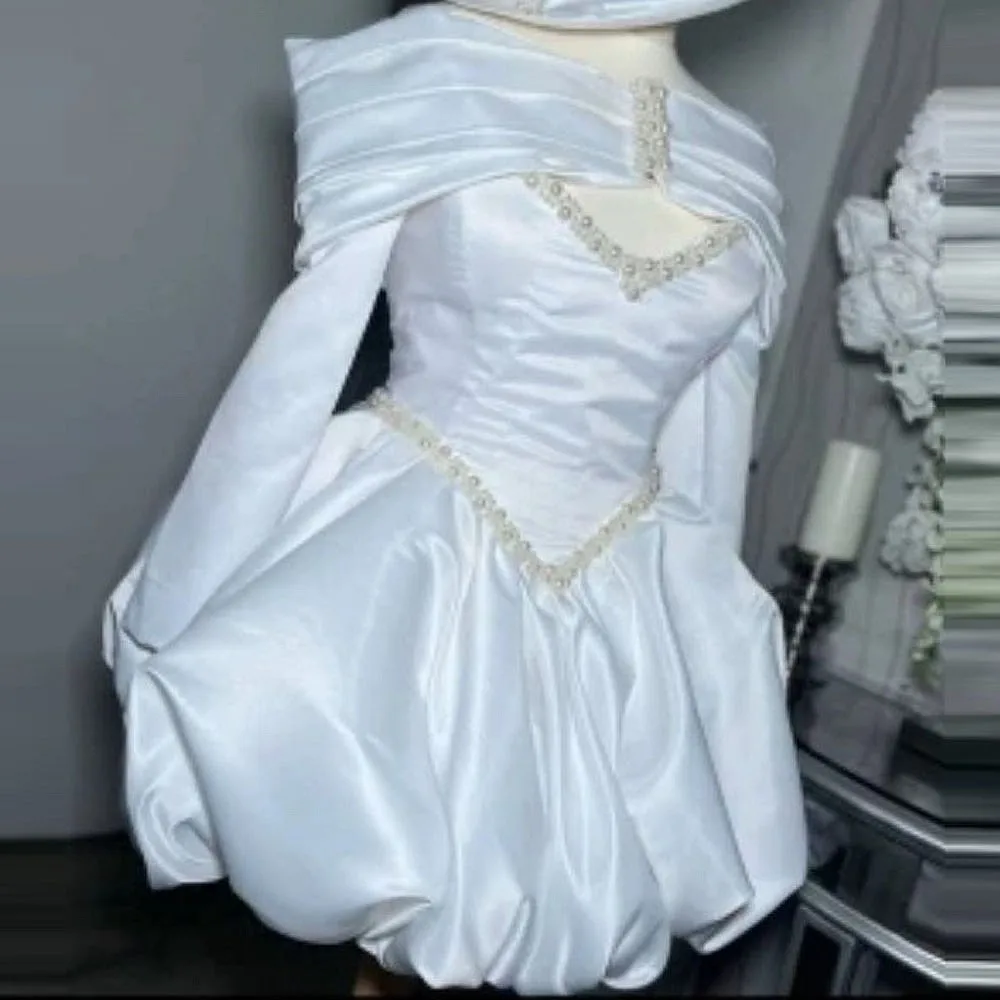 

Белые короткие коктейльные платья с накидкой из бисера и жемчуга с длинными рукавами, мини-платье для выпускного вечера, атласные платья подружки невесты на заказ