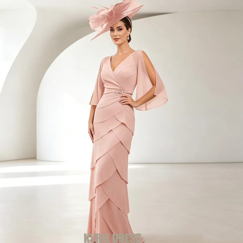 Customized Mother of The Bride Dress 3/4 Sleeves V Neck Sequined Column Tiered Chiffon Wedding Guest Gowns Party Dresses
