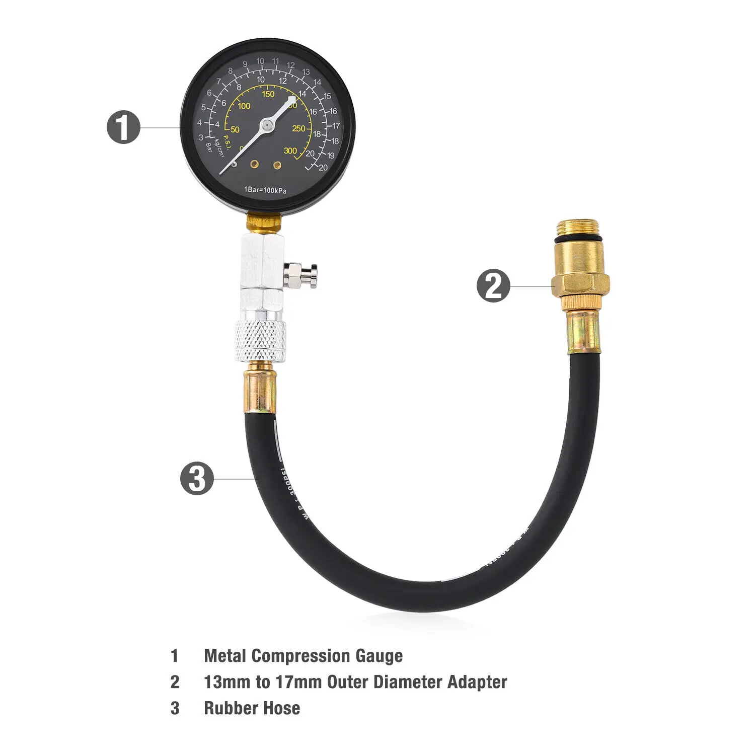 Engine Cylinder Compression Tester Pressure Gauge Gage Check Meter Kit 50-300 PSI (0-21kg/cm2) Fits 14mm/18mm Spark Plug Threads