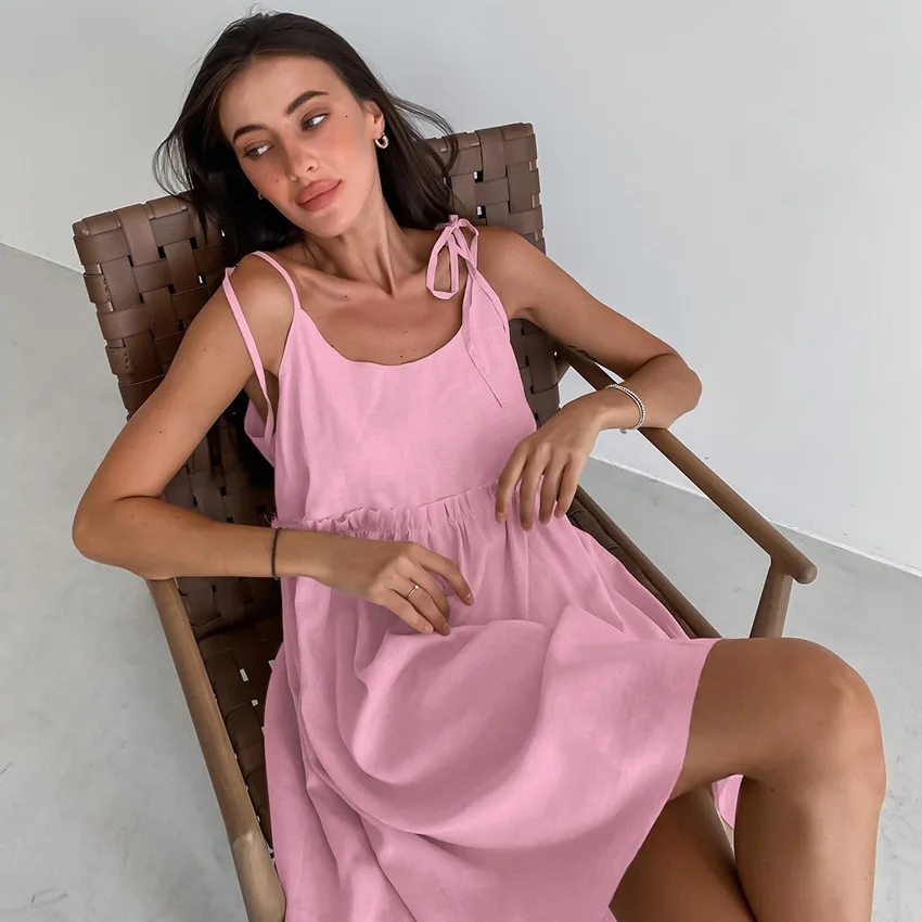 New In Cotton Linen Summer Dress Women 2024 Sexy Sleeveless Bandage Lace Up Chic Elegant Party Club Mini Dresses Beach Sundress