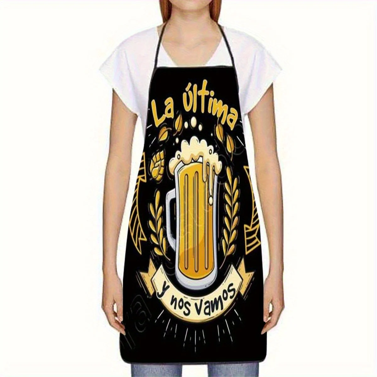1pc La Ultima Beer Mug Design Apron with Spanish Text & Floral Pattern - Polyester Kitchen Apron for Cooking, Baking