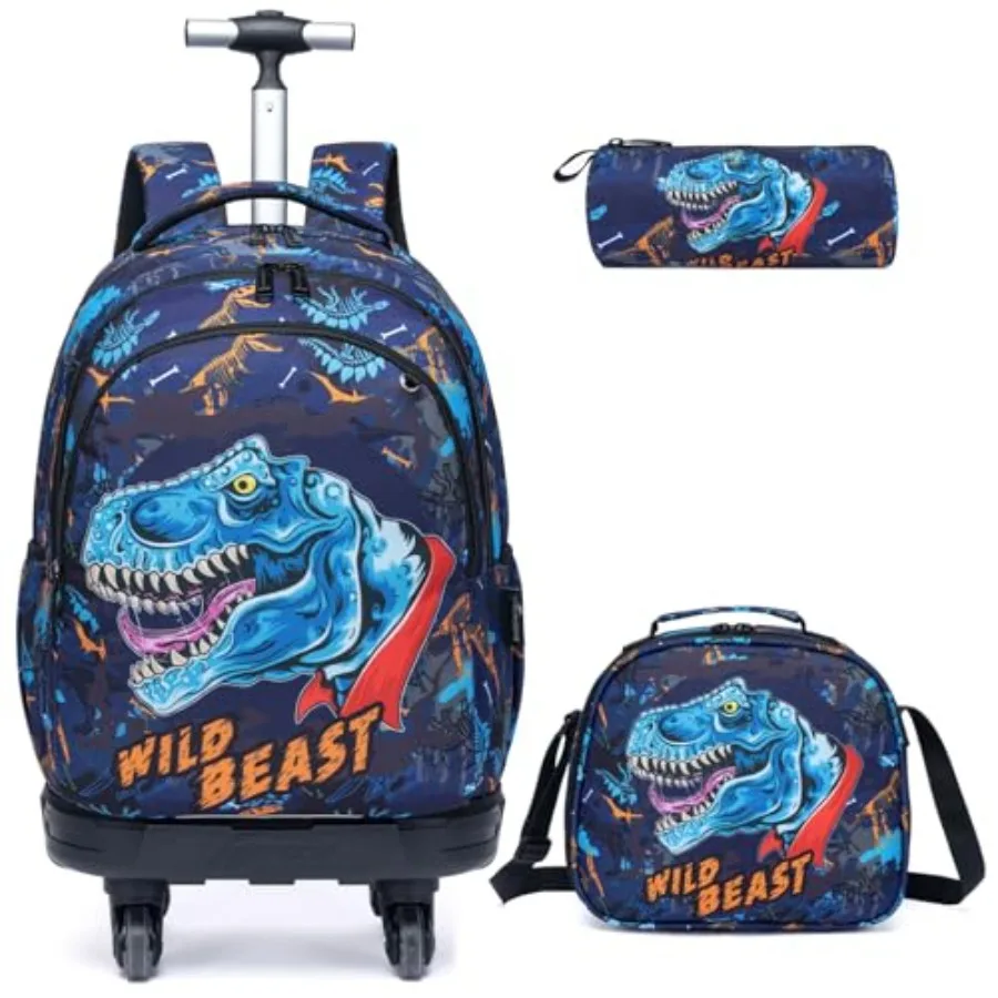 

Rolling Backpack for Boys Dinosaur Suitcases Trolley Roller Luggage Backpacks with 360° Rotating Wheels 15" Laptop Lunch Box Pe