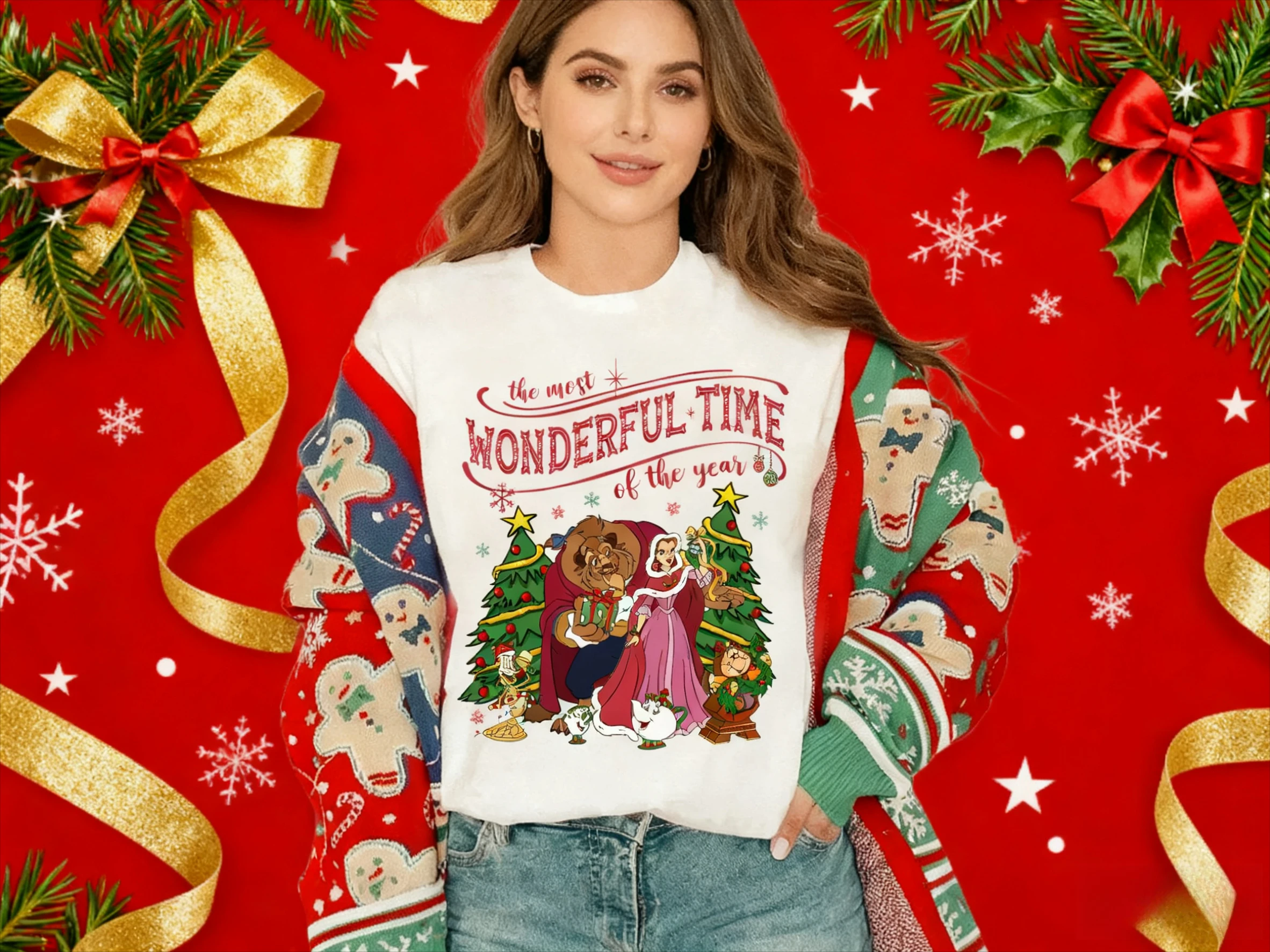 

Disney Beauty and The Beast Christmas Light Comfortable Pure Cotton Plus-size T-shirt, Unisex T-shirt