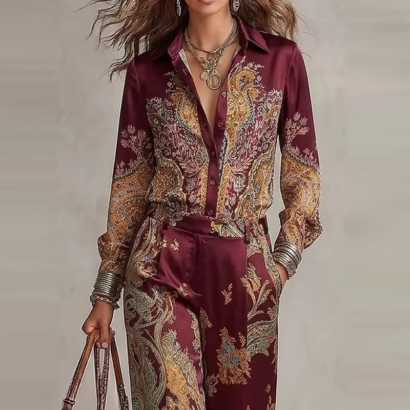 QICHE 2026 Fall Winter New European Women Printed 2 Piece Outfit, Casual Elegant Long Sleeve Top & Long Pants Matching Set