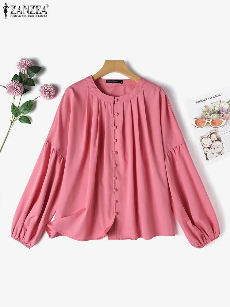 ZANZEA Women Solid Shirts Blouses Fashion Buttons Tops Elegant Long Lantern Sleeve Blusa 2024 Spring Stylish Chemise Oversize