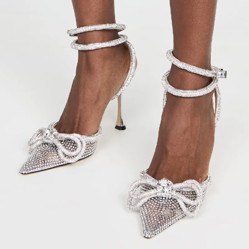 

Glitter Rhinestones Women Pumps Crystal Bowknot Sandals 2023 Summer Transparent Shoes High Heels Party Prom Designer Shoes