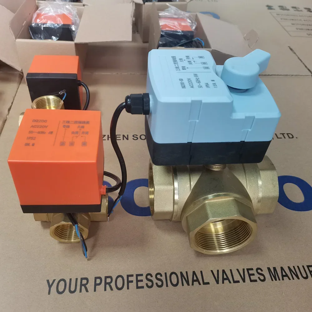 220V Ac Quarter Turn electric actuator 8Nm 1inch NPT thread 3 way L type motorized brass ball valve