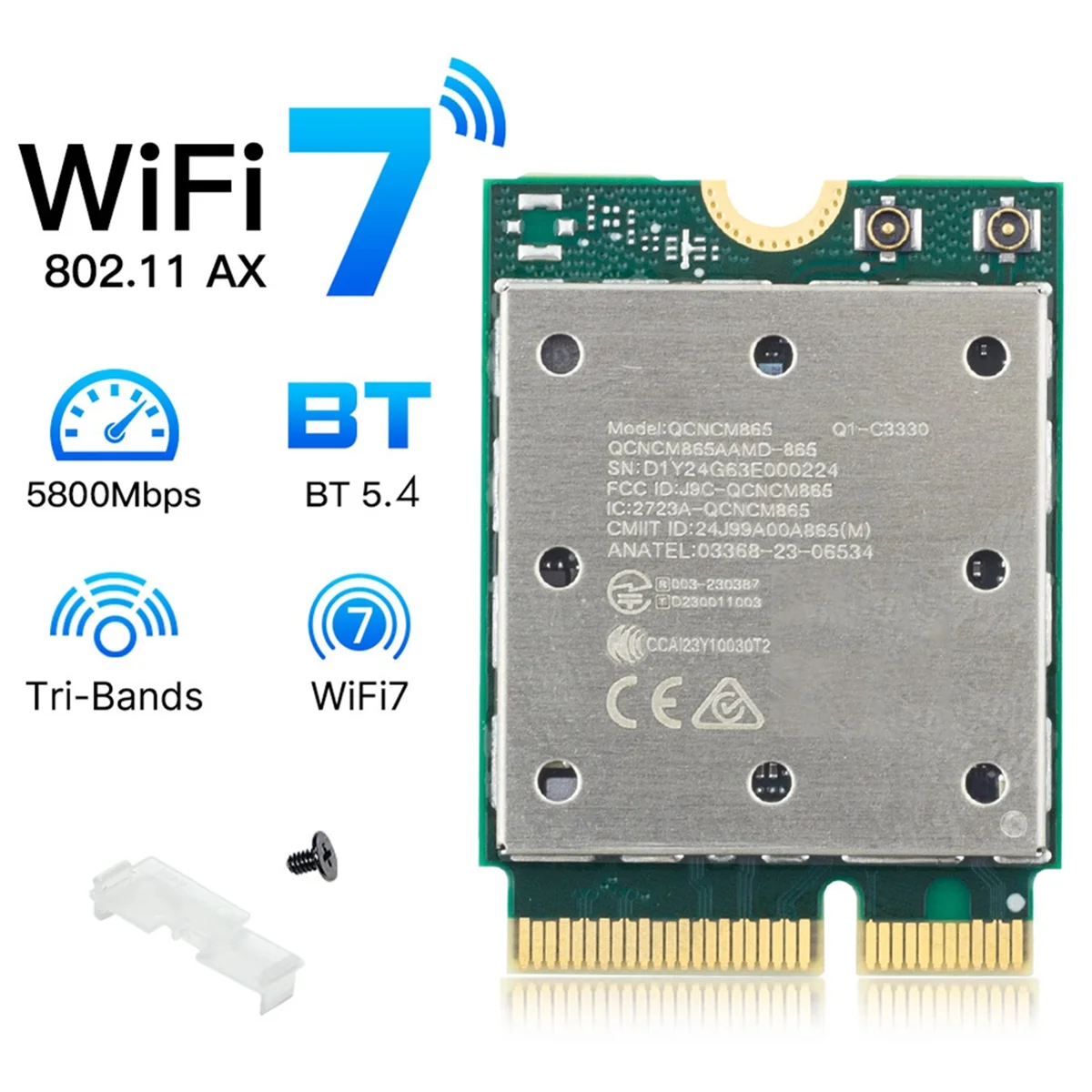 A46ZZ WiFi7 QCNCM865 Bluetooth 5.4 Wireless Network Card Tri Band 2.4G/5G/6Ghz Network 5800M M.2 NGFF Wireless Adapter