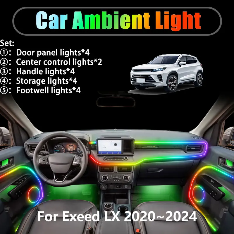 

Для Exeed LX 2020 ~ 2024 Xtrim LX SX 2021 2/18 в 1 Автомобильное окружающее освещение Светодиодные внутренние светодиодные фонари багажника USB RGB Ensemble Streamer