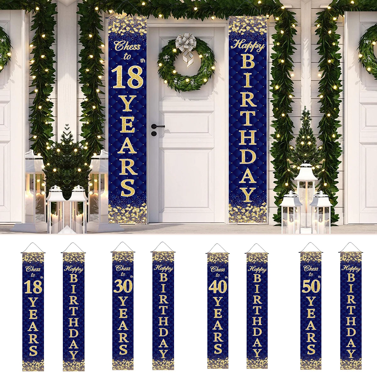 Gold Blue Birthday Hanging Door Couplet 18 30 40 50 Years Old Birthday Party Decoration Happy Adult Birthday Party Supplies