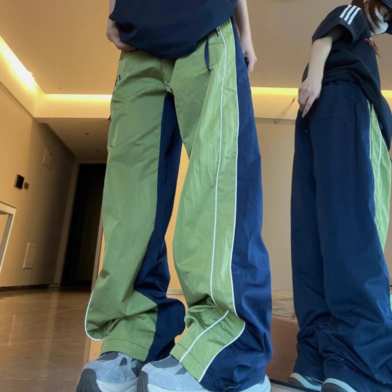 Quick Drying Rushing Sweatpants Women American Retro Casual Color Blocking Outdoor Loose Wide Leg Green Pants Tide Running Pants