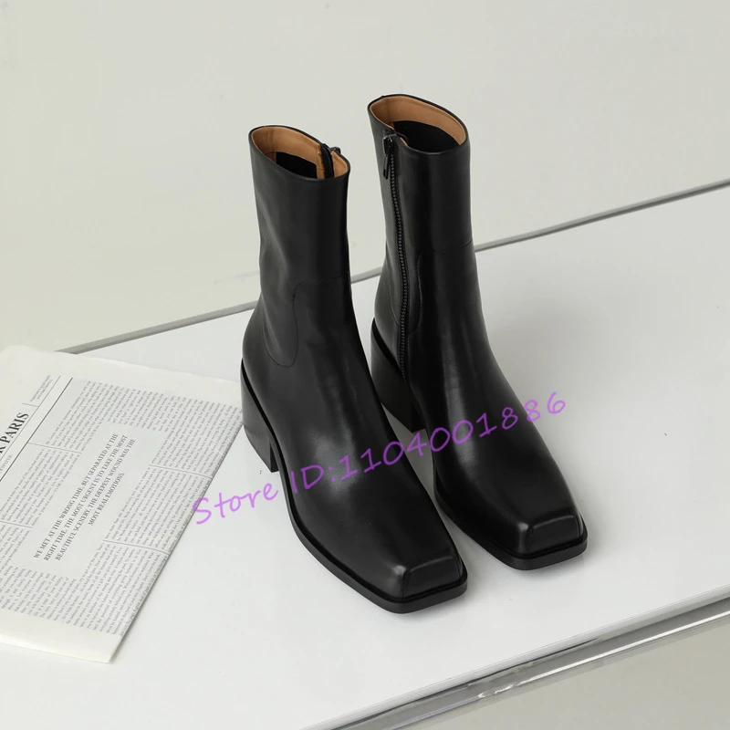 أحذية قصيرة بكعب سميك بمقدمة مربعة للنساء لربيع وخريف موضة جديدة بسحاب جانبي أحذية متوسطة الطول أحذية مريحة في الهواء الطلق #6