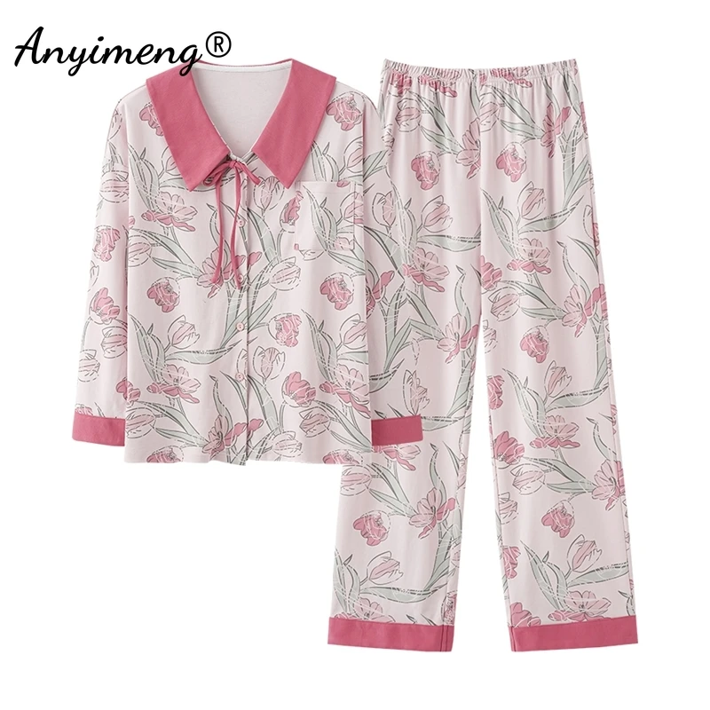 Autumn Winter Women Pajamas Princess Style Pajama Sets Lapel Soft Cotton Sleepwear Long Sleeves Nightwear Woman Loungewear