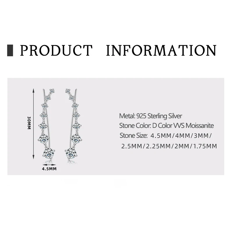Boucles d'Oreilles réinitialisation Moissanite pour Femme, Manchette d'Oreille Mosan 7 Étoiles, Argent Sterling 925, Testeur de Passe de Mariage, Noir