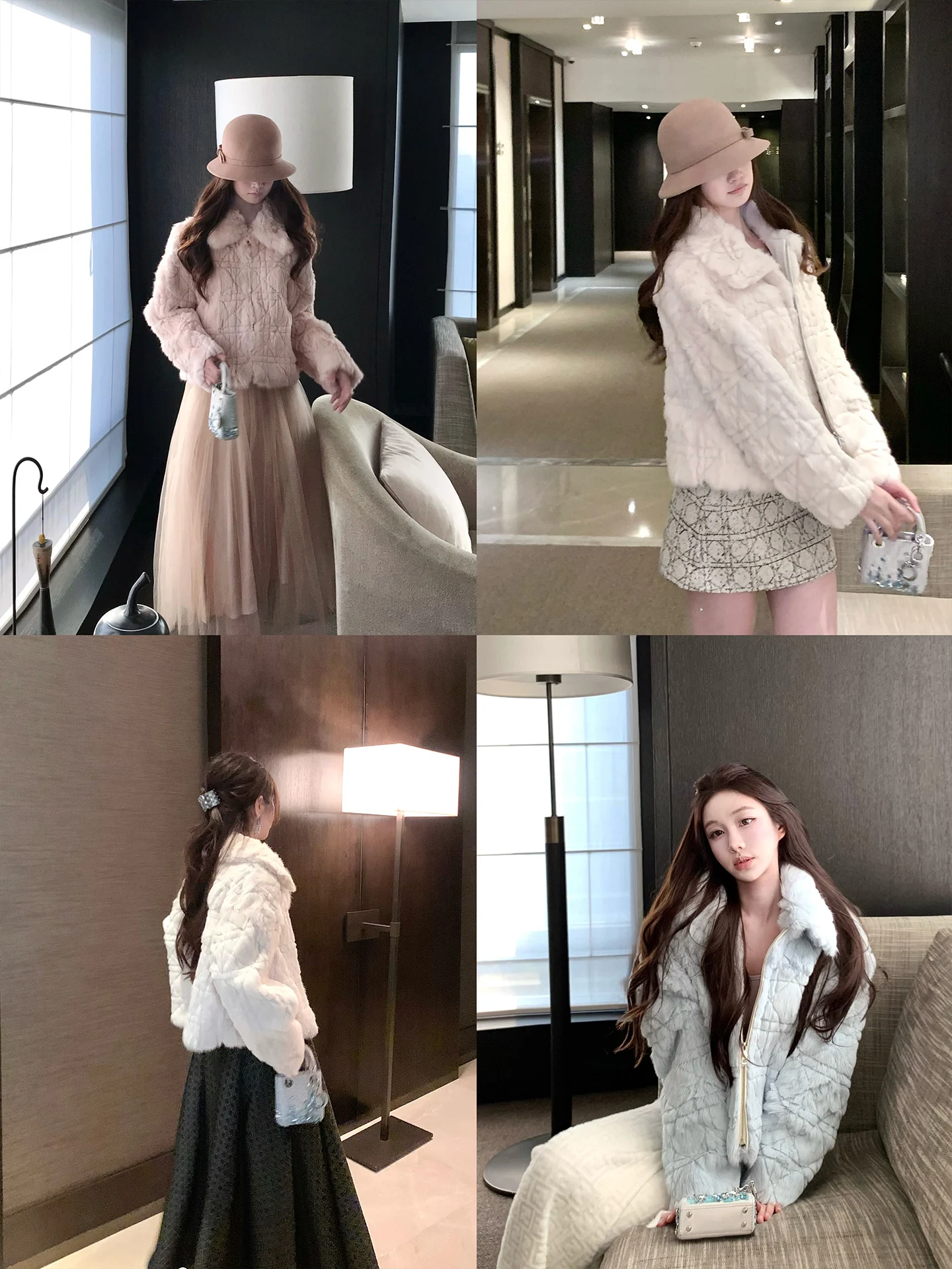 Soft Rabbit Fur Leather Jaet Women's Casual Sle ort Length Long Sve Zipper Closure Diamond Pattern Collectible Baby ...