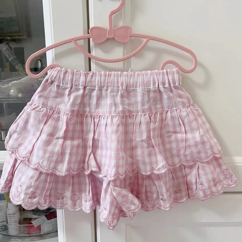 Faldas Kawaii rosas Y2K para Mujer, Jupe De cintura alta, minifalda a cuadros con bordado bonito, Faldas japonesas para Mujer De Moda, falda De verano