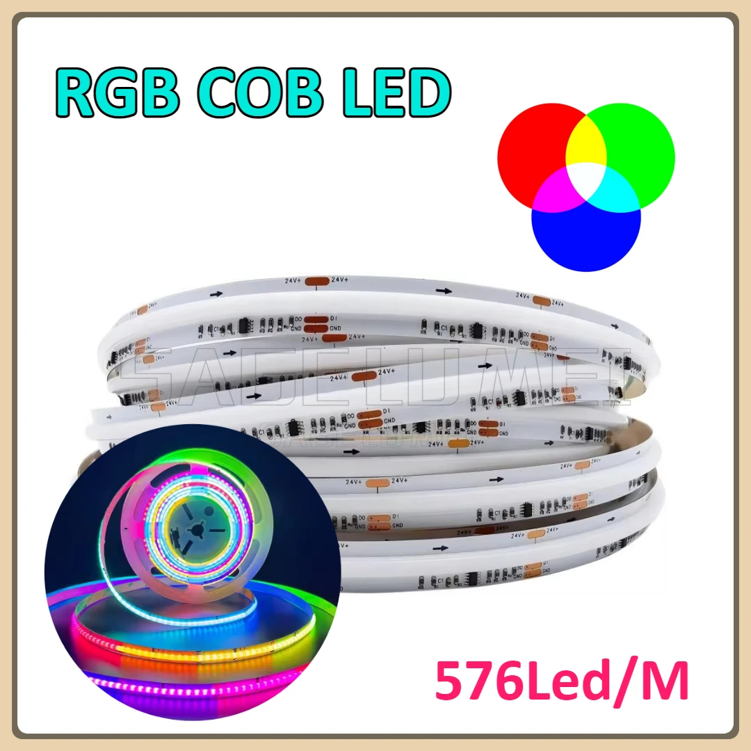 DC12/24V RGB COB LED Strip Lights 576Leds/M Color Changing Multicolor Flexible Tape Light High Density for TV Bedroom Party DIY