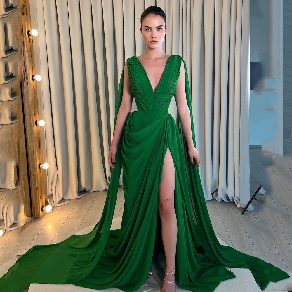 

Fashionvane Deep V Neck Green Prom Dresses with Flutters Pick Ups High Side Slit Vestidos Party Formal Occasion Evening Gowns