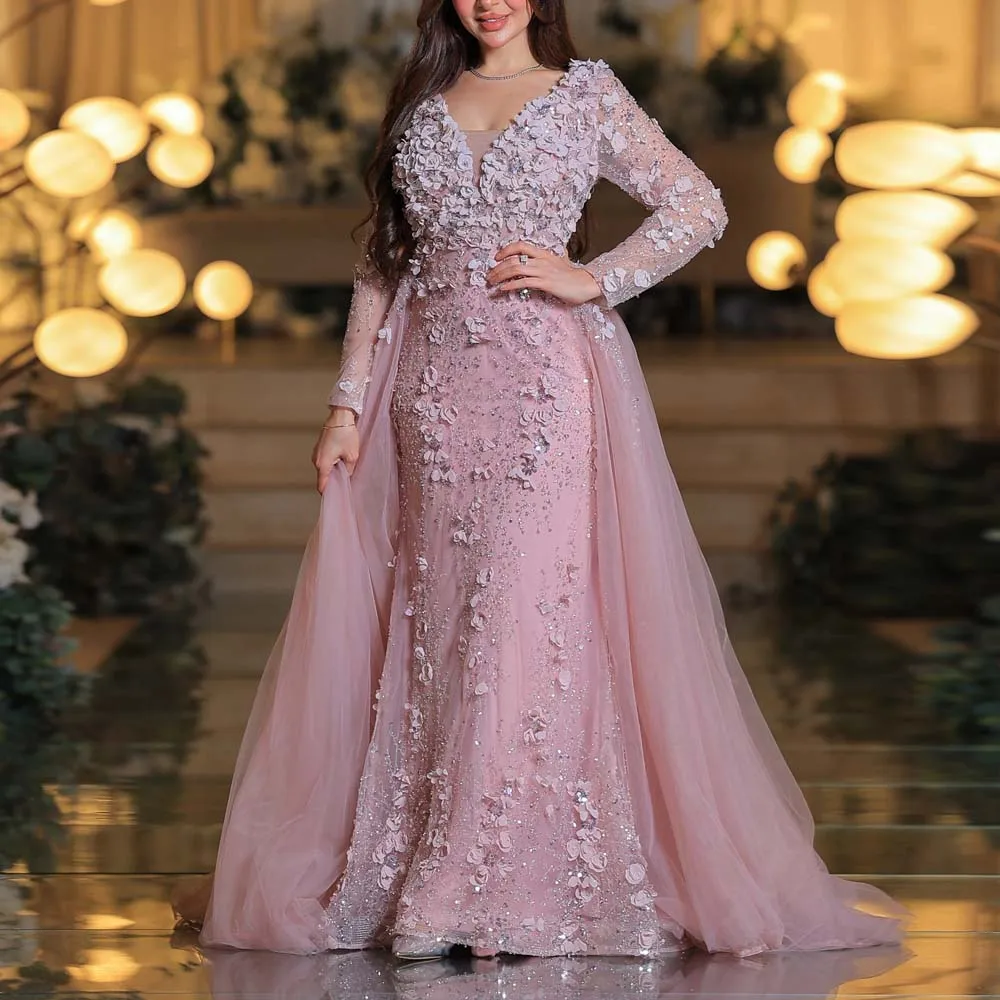 

Customized Floral Lace Evening Dress with Detachable Train V Neck Sequin Embroidery Formal Occasion Gown Pink Mermaid Dress
