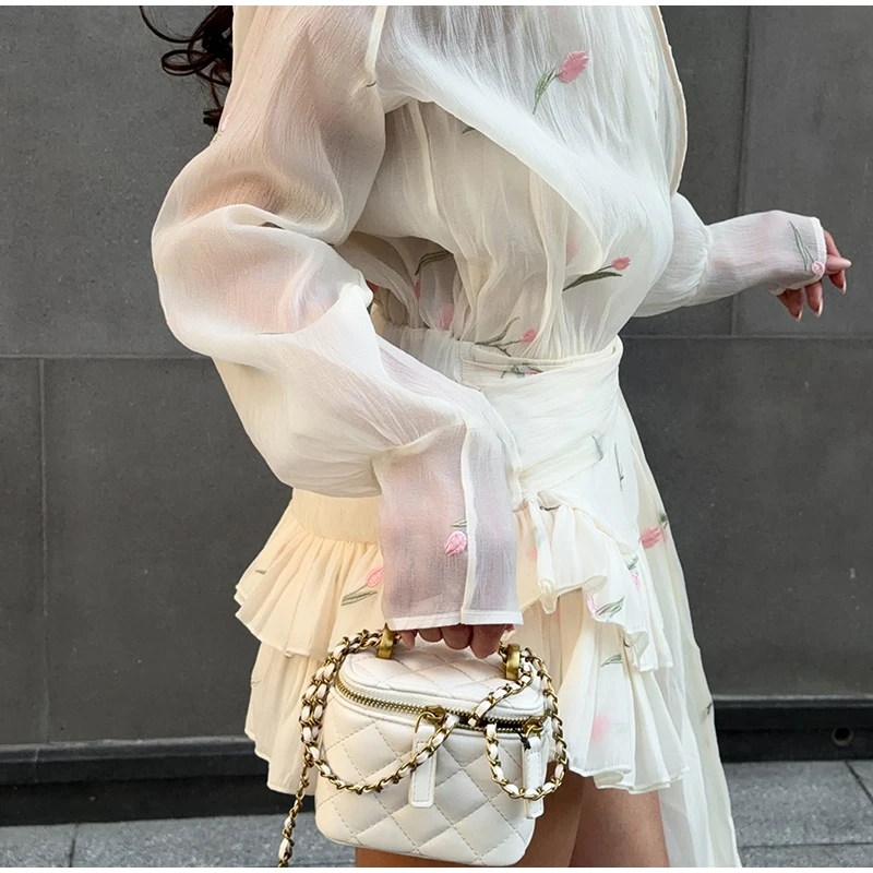 2026 Spring Summer Floral Embroidered Chiffon Wrap Tie Waist Ruffle Mini Dress Sheer V-Neck Romantic Feminine Women Date Vestido