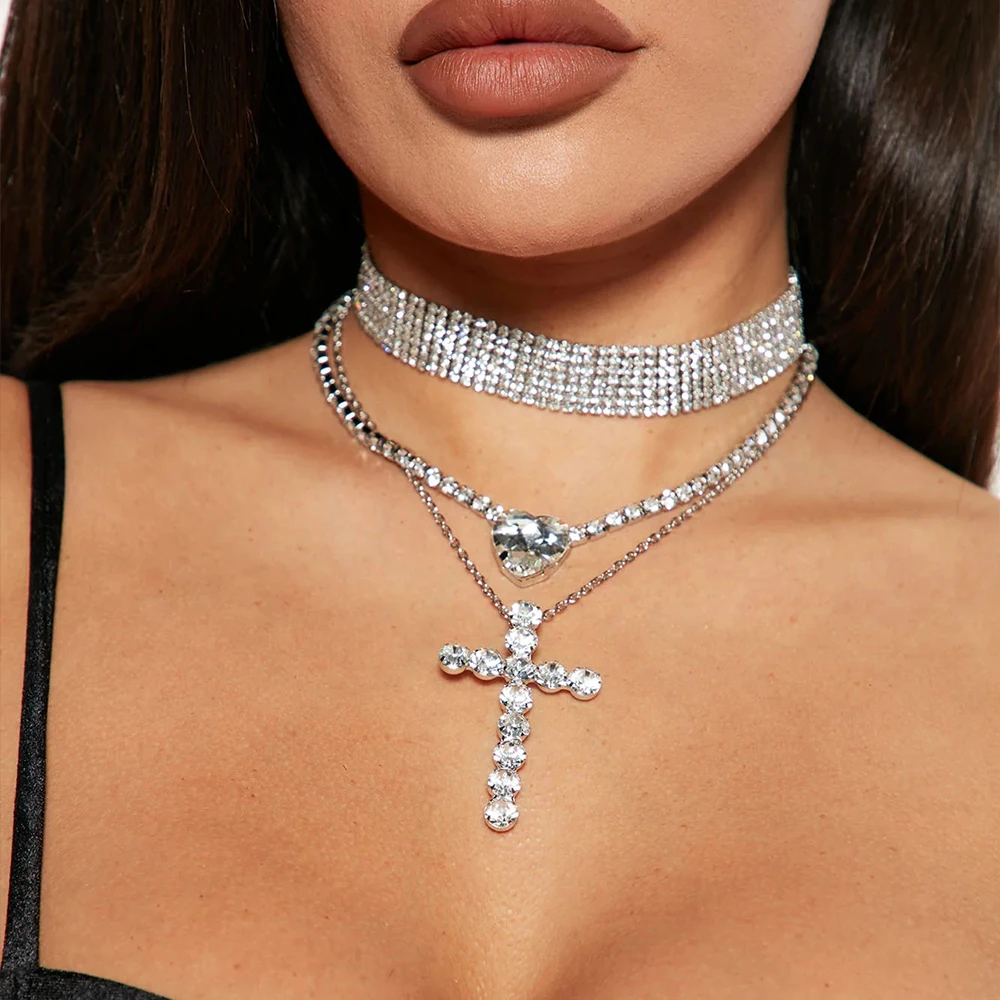 XSBODY Fashion Multilayer Choker Chain Necklace Cross Pendant Bridal Gift Bling Baroque Heart Rhinestone Clavicle Jewelry Party