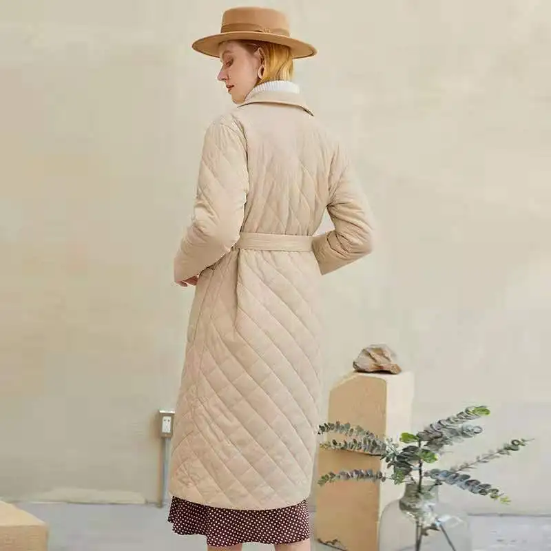 Women\'s cotton coat long knee winter coat with green checkered cotton jacket new winter coat fashion coat outdoor warm windproof