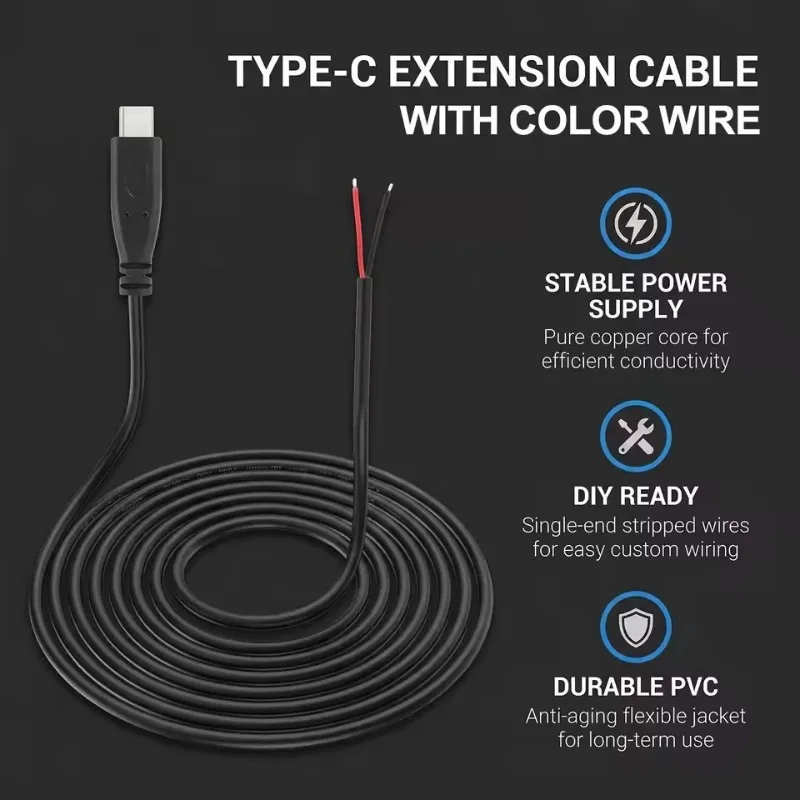 New USB Type-C Pigtail Cable Extension Power Cable USB-C Plug To 2 Pin Bare Wire Open End Connector for DIY Repair Wire Cord