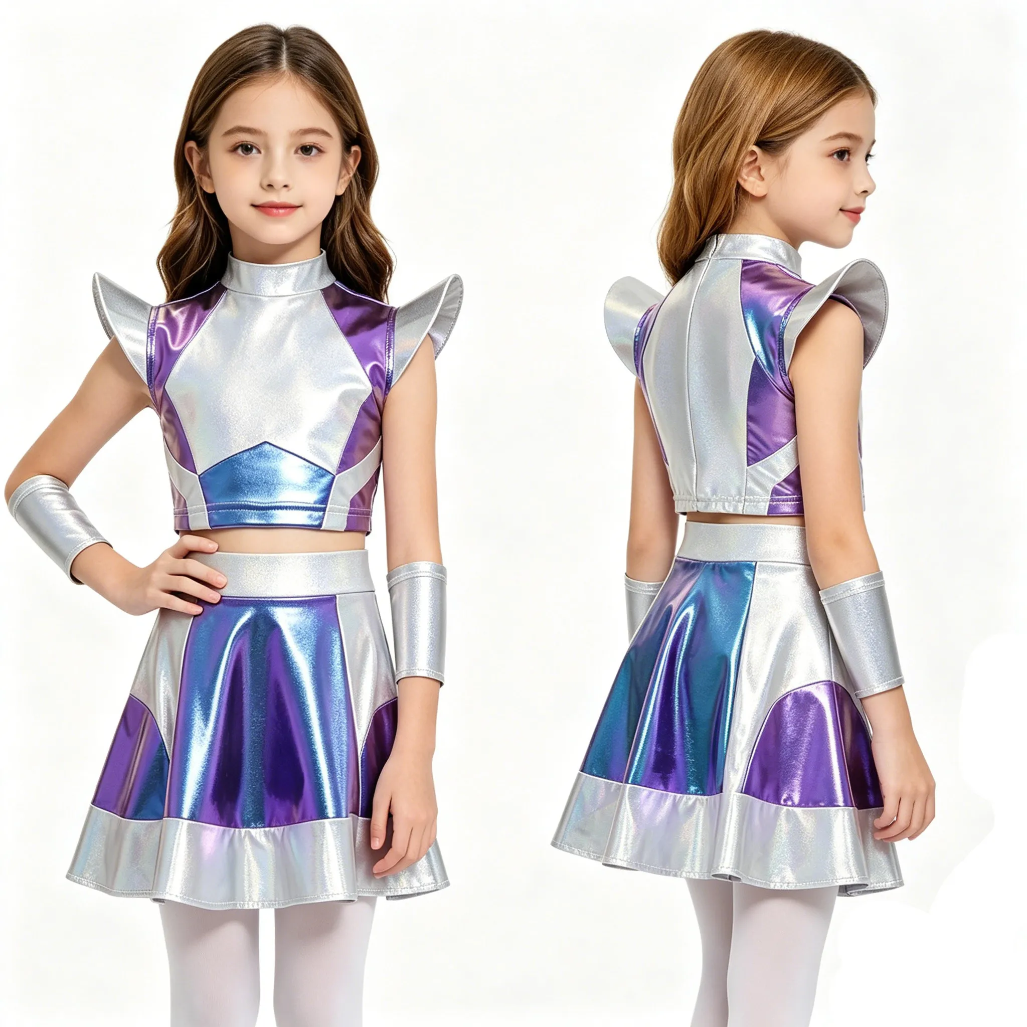 Teen Girls Alien Robot Astronaut Space Cadet Dress Up Costume Metallic Shiny Crop Top with Skirt Sleeves Jazz Dance Clothes Set