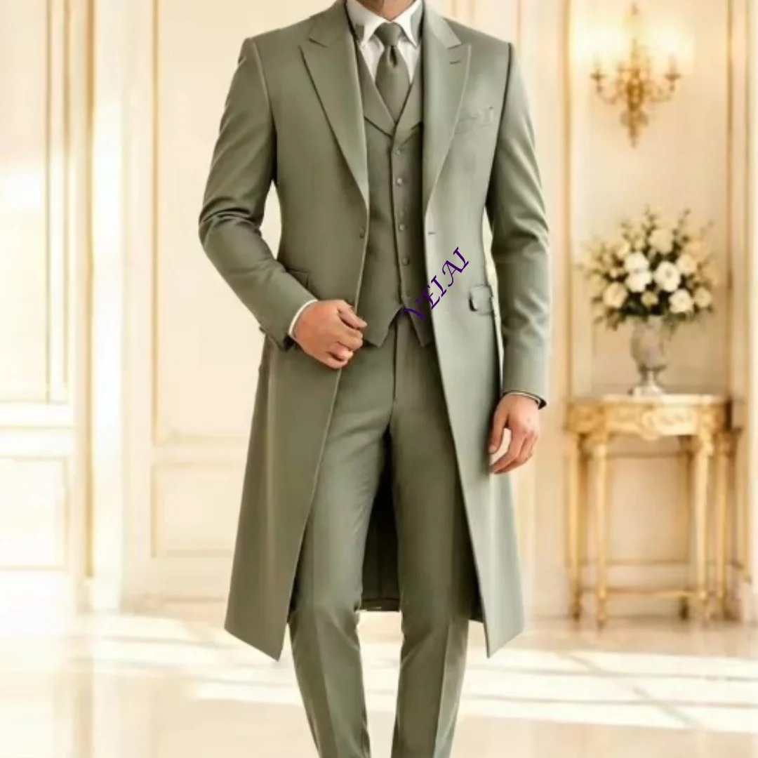 Customized Mint Green Long Blazer Formal Men Suit Wedding Party Groom Groomsman Prom Business Male Tuxedos 3 Piece Set Jacket Ve