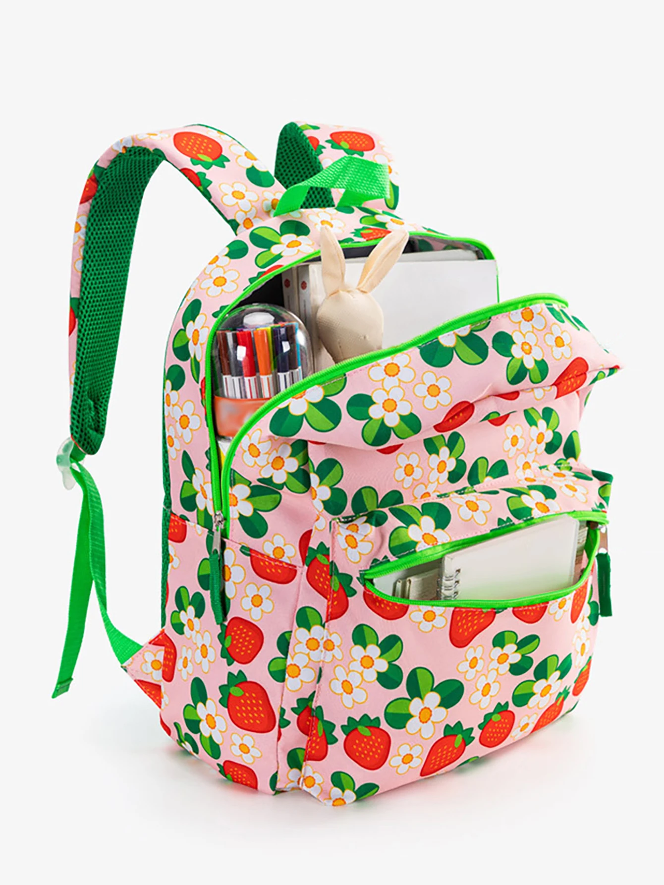 3-Piece Set Large Capcity School Backpack Multi Pockets Bookbags Travel Bag Back To School Strawberry Pattern Lunch Bag