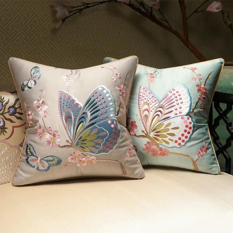 High-end Embroidered Silk-like Butterfly Square Home Sofa Decorative Throw Pillow Case 5 Colors No Insert 45x45cm 1 Piece Pack