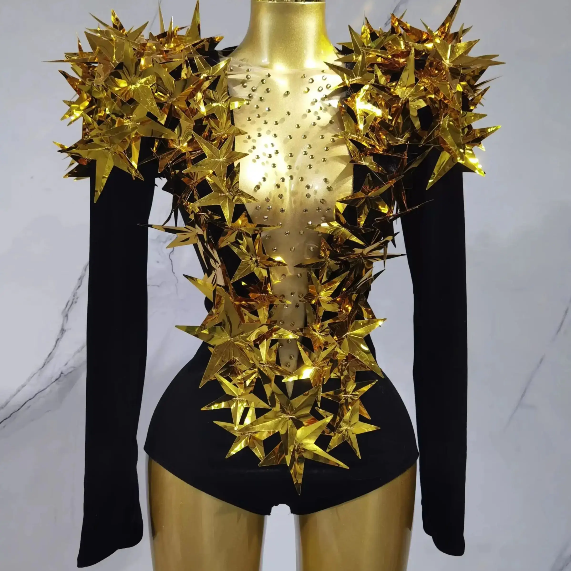 

2025 New Shiny Black Rhinestone Velvet Long Sleeve Bodysuit Women Evening Party Club Gala Hosts NightClub Bar Stage Costumes