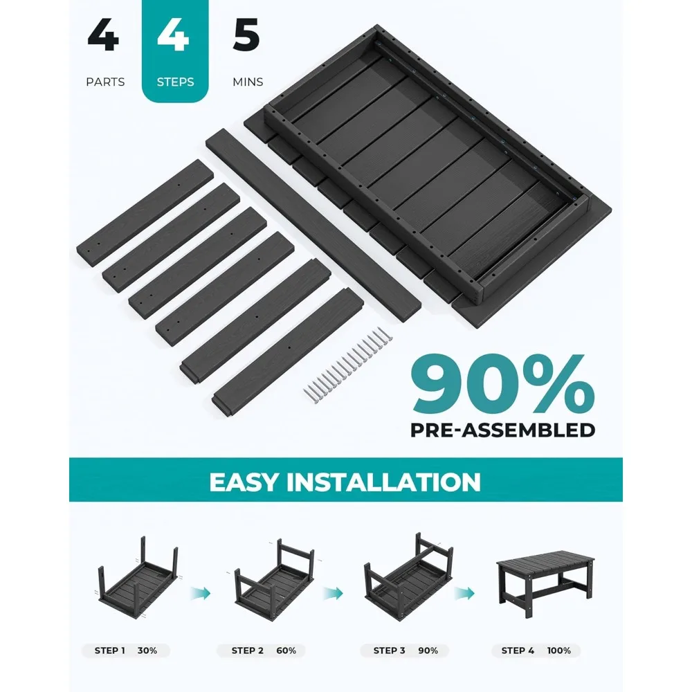 Conjunto de mesa de centro externa retangular HDPE, preto, conjunto de 2