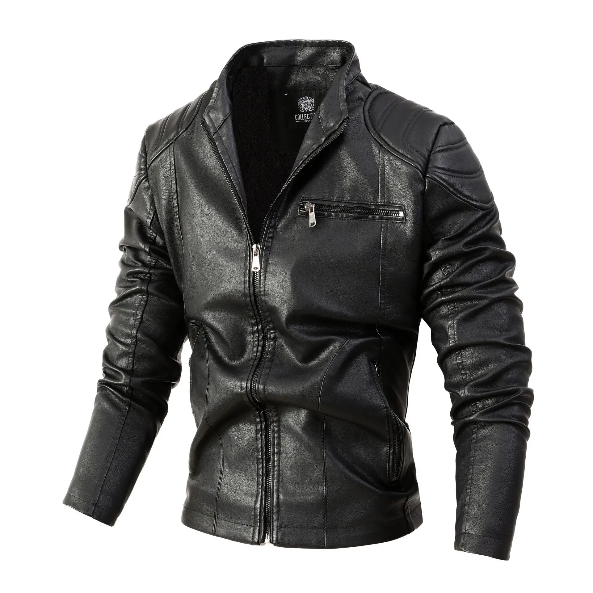 

2024 Winter Black Leather Jacket Men Fur Lined Warm Motorcycle Jacket Slim Street Fashion BLack Biker Coat Pleated Design Zipper