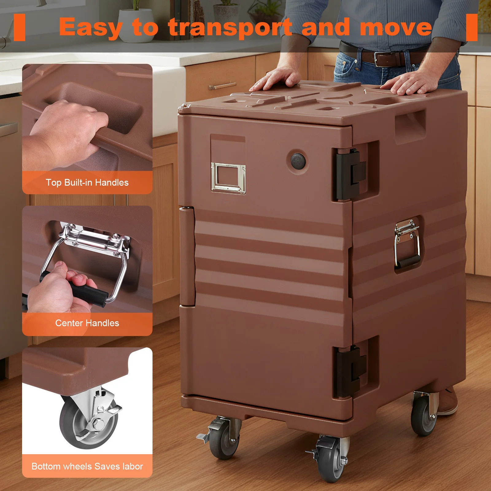 

118QT Front Loading Insulated Food Pan Carrier LLDPE Food Box Carrier with Wheels W/Handles for Catering & Transport