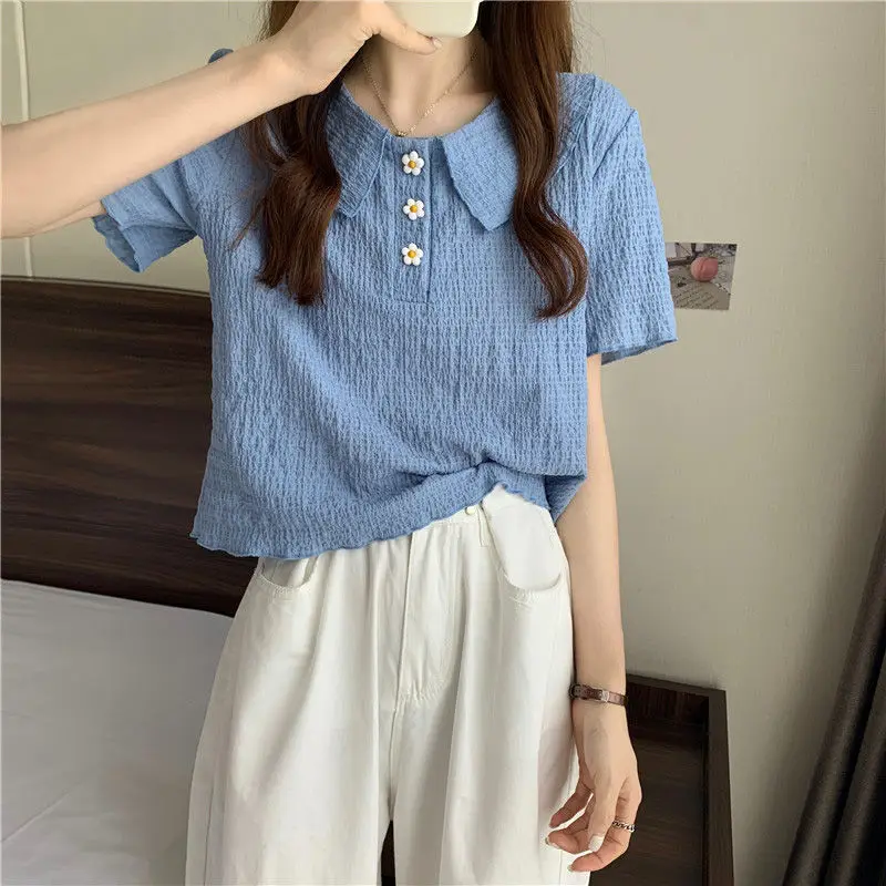 Women Summer Fashion Slim Sweet Buttons Solid Color Doll Collar Short Sleeve T-Shirt Women Clothes Casual All-match Trend Tops