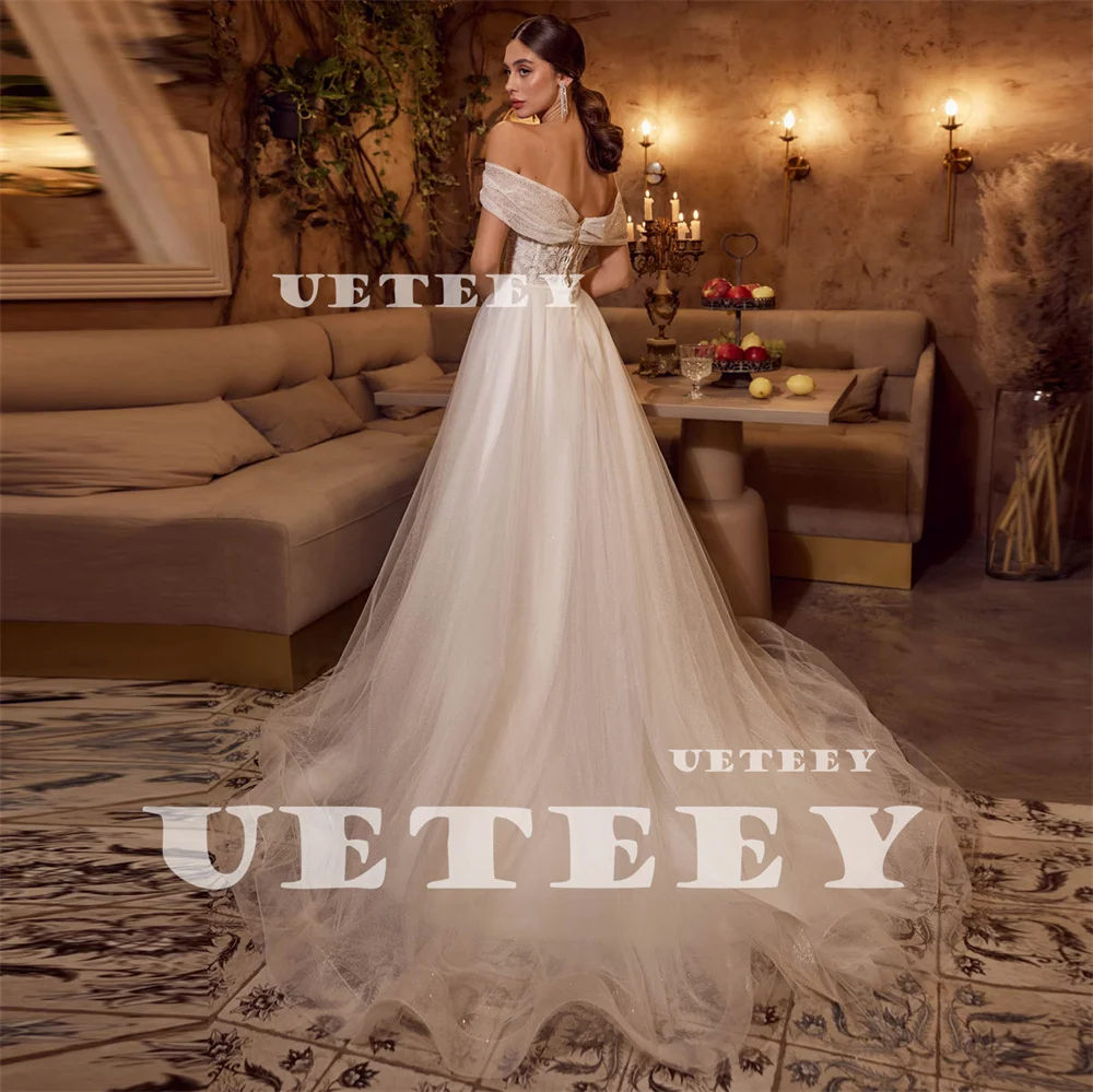 UETEEY Customized Off Shoulder V Neck Appliques Tulle Wedding Dress Women A Line Zipper Back High Slit Train vestidos de novia