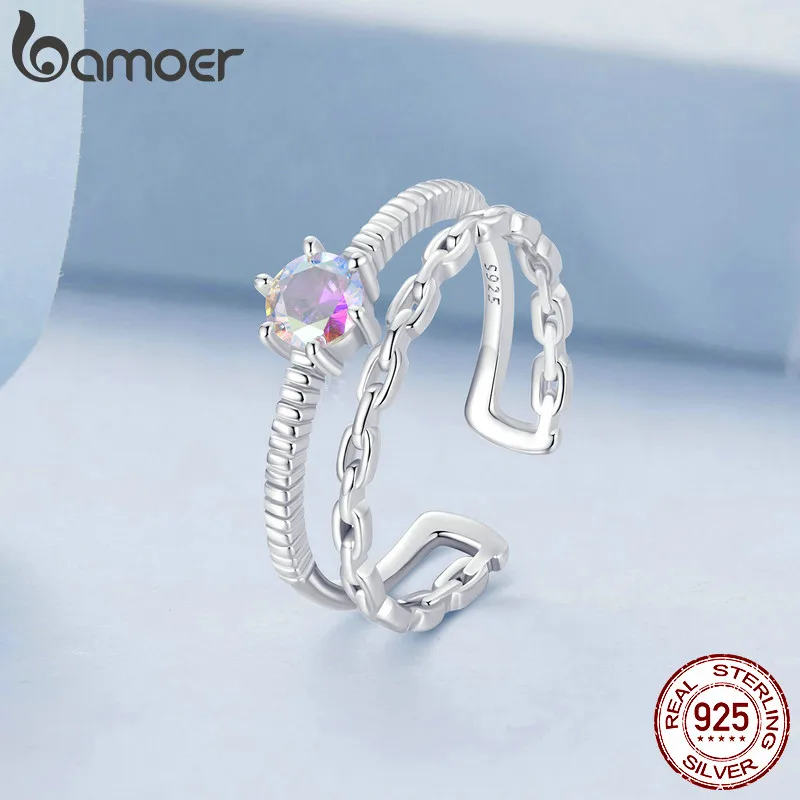 Bamoer 925 Sterling Silver Iridescent Double-Layer Ring, Adjustable Chain Ring Fashion Jewelry for Women Chic Jewelry Gift