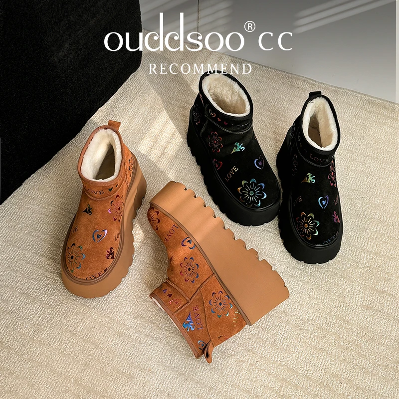 Ods Sexy Charming Women's Snow Boots New Item Pure Wool Graffiti Thick Sole Waterproof Platform Ultra Light Sole Elegant Short