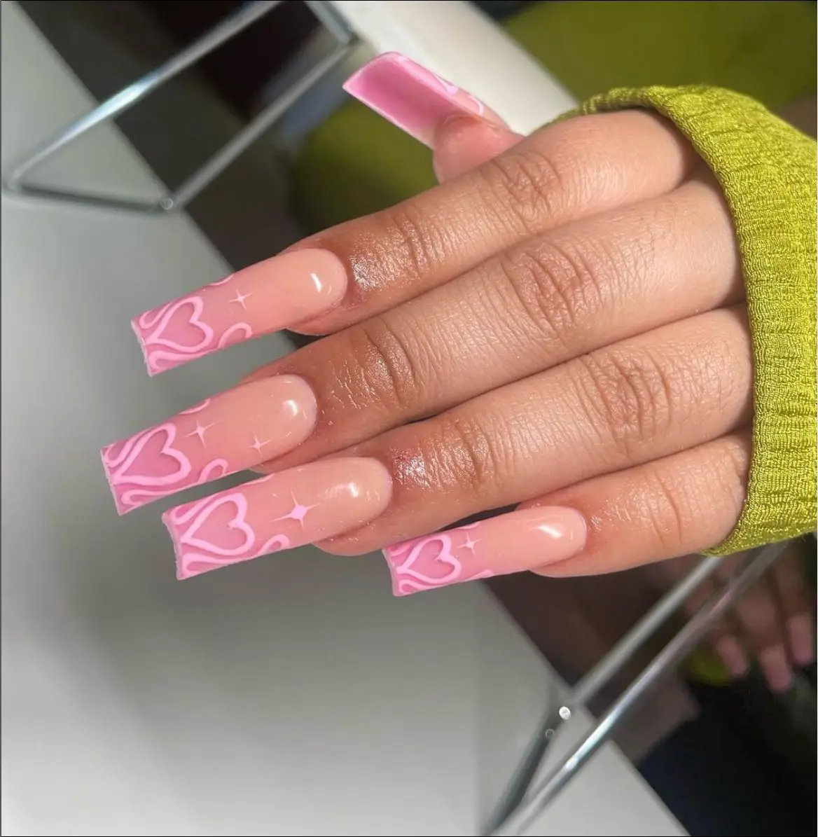 24 stuks lange vierkante paarse kunstnagels kunst druk op lijnen bloem ontwerp doodskist manicure sets afgewerkt herbruikbaar ins nep nagel tips