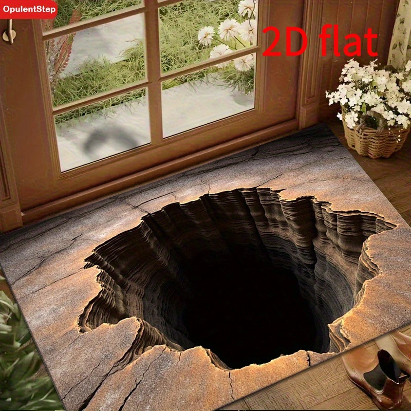 3D Illusion Floor Mat - Realistic Black Hole Crack with Non-Slip Backing, Washable Indoor Outdoor Rug for Hallway Living Room