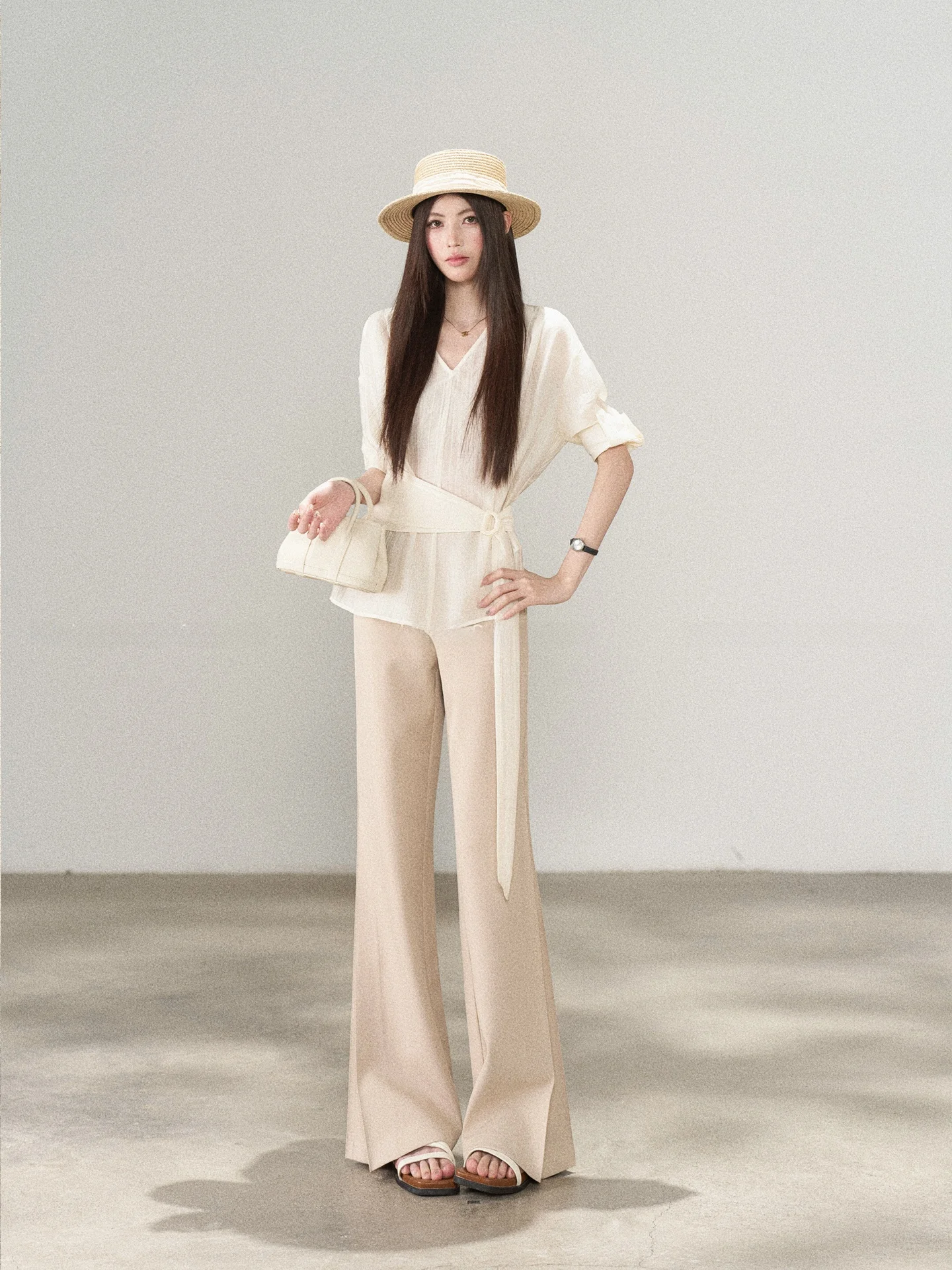 

Miyamoto Sosho Summer V-neck Chiffon Top High Waist Wide Leg Casual Pants Women's Simple Versatile Two-piece Set