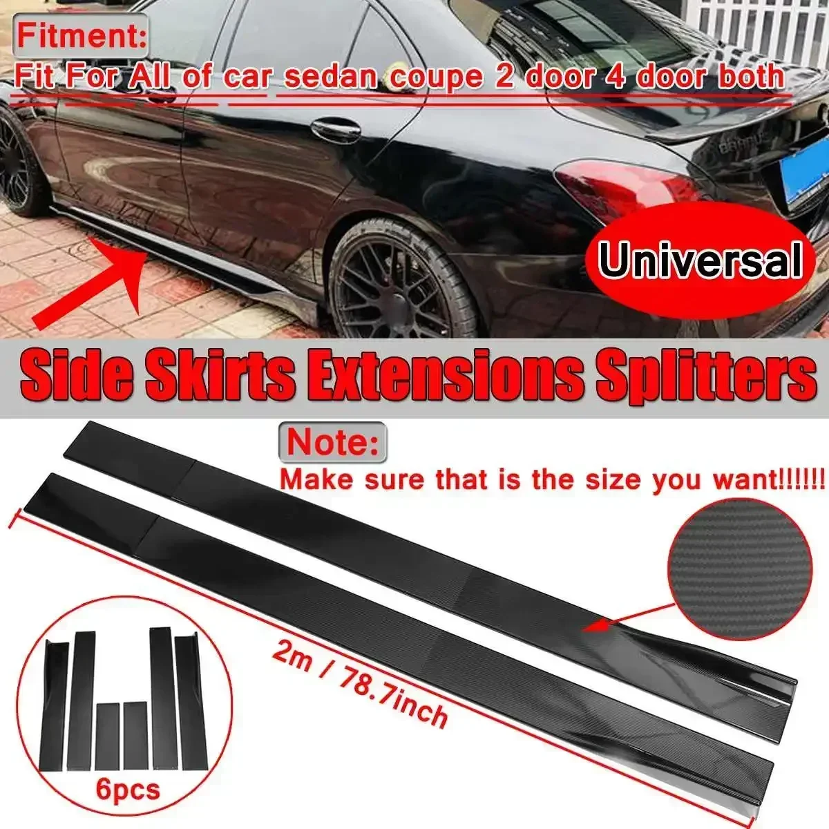 6pcs 2m/2.2m Universal Car Side Skirts Extensions Splitters Apron Lip For BMW For Benz For Audi Carbon Look/Black Exterior Part