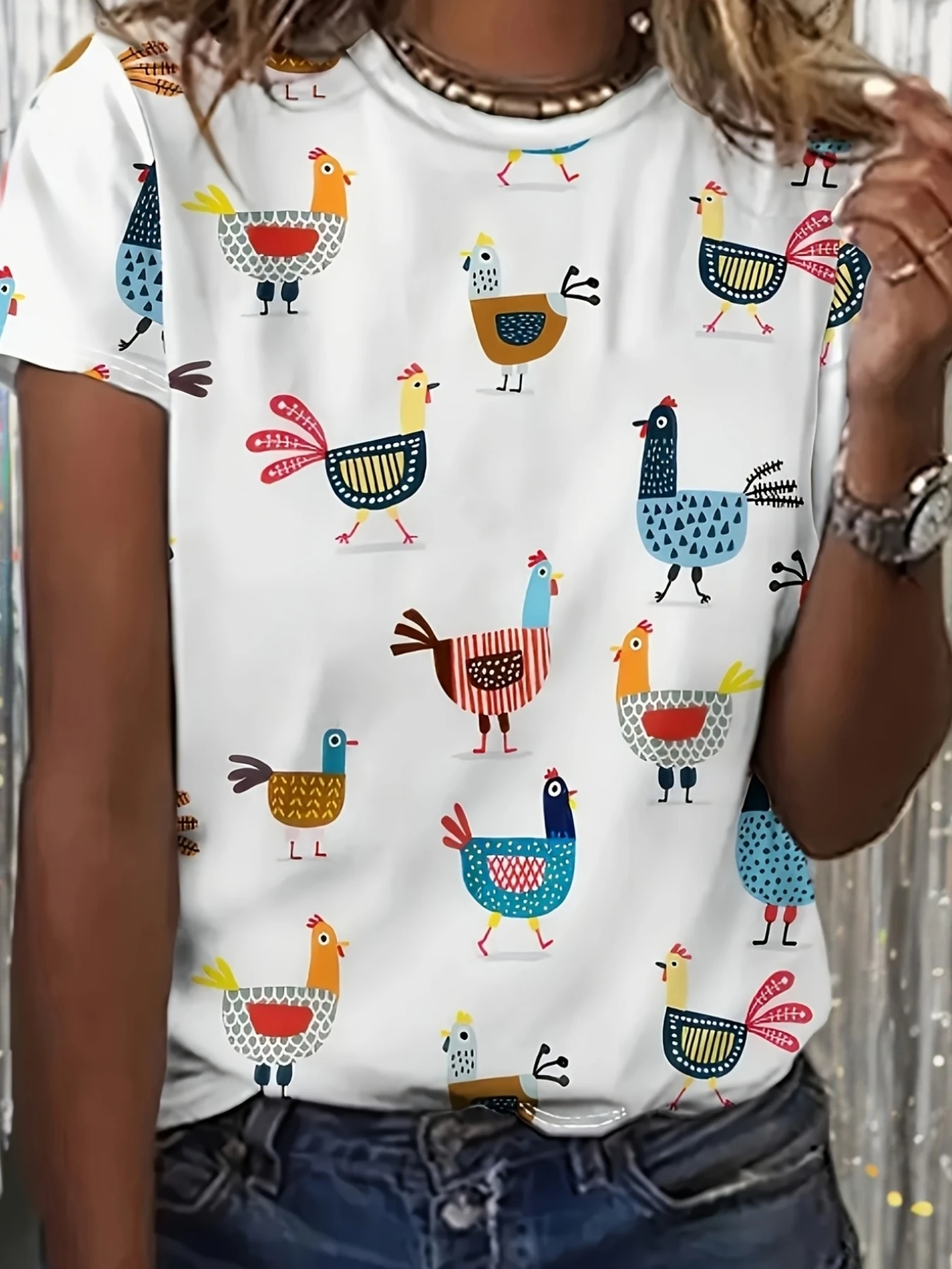 Women Trendy Animal Print T‑Shirt, Whimsical Folk‑Style Colorful Chicken All‑Over Pattern Short Sleeve Crew Neck Daily Tee